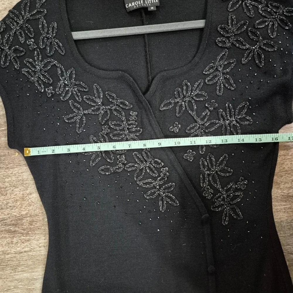Carole Little Dresses Black Beaded Floral Knit Midi Dress Short Sleeve Womens M